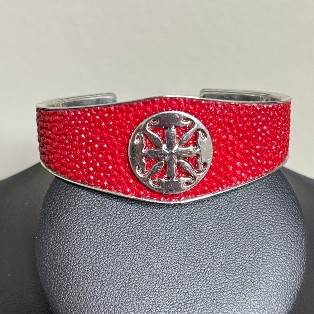 Rustic Cuff Red and Silver Bracelet Textured Valentines Day